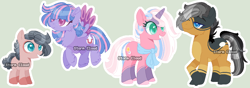 Size: 1192x418 | Tagged: safe, artist:stormcloud-yt, imported from derpibooru, clear sky, quibble pants, wind sprint, oc, oc:dialect, pony, unicorn, base used, colt, female, flying, foal, green background, male, mare, offspring, older, older wind sprint, outline, parent:clear sky, parent:quibble pants, parents:quibblesky, quibblesky, redesign, shipping, simple background, stallion, straight, white outline