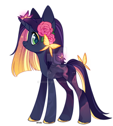 Size: 1024x1145 | Tagged: safe, artist:miioko, imported from derpibooru, oc, oc only, pony, unicorn, deviantart watermark, female, flower, flower in hair, mare, obtrusive watermark, rose, smiling, solo, watermark