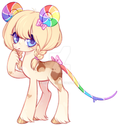 Size: 1024x1091 | Tagged: safe, artist:miioko, imported from derpibooru, oc, oc only, earth pony, pony, bow, candy, deviantart watermark, earth pony oc, food, hair bow, leonine tail, lollipop, obtrusive watermark, raised hoof, simple background, smiling, solo, tail, tail wrap, transparent background, watermark