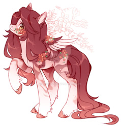 Size: 1024x1074 | Tagged: safe, artist:miioko, imported from derpibooru, oc, oc only, pegasus, pony, chest fluff, colored wings, deviantart watermark, eyelashes, female, mare, obtrusive watermark, pegasus oc, raised hoof, simple background, smiling, solo, two toned wings, unshorn fetlocks, watermark, white background, wings