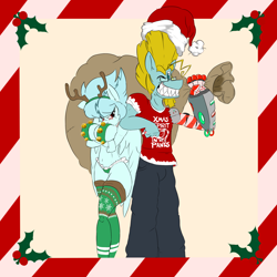 Size: 1600x1600 | Tagged: safe, artist:sanyo2100, imported from derpibooru, oc, oc only, oc:maelstrom (sanyo2100), oc:tech gear, anthro, pegasus, antlers, big breasts, breasts, candy, candy cane, card, christmas, christmas card, clothes, duo, female, food, holiday, jingle bells, lingerie, male, mare, reindeer antlers, robotic arm, sack, sharp teeth, socks, stallion, teeth, thigh highs