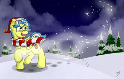 Size: 2500x1600 | Tagged: safe, artist:takutanuvataio, imported from derpibooru, oc, oc only, pegasus, pony, christmas, clothes, glasses, hat, holiday, santa hat, scarf, snow, solo, stars, striped scarf, tree, winter