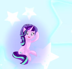 Size: 2048x1962 | Tagged: safe, artist:zeon_starlight, imported from derpibooru, starlight glimmer, pony, unicorn, accessory theft, clothes, eye clipping through hair, female, hat, horn, mare, raised hoof, sitting, solo, starlight wearing trixie's hat, starry background, starry eyes, trixie's hat, wingding eyes