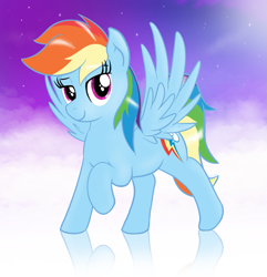 Size: 1291x1337 | Tagged: safe, artist:eels, imported from derpibooru, rainbow dash, pegasus, pony, female, full body, hooves, lidded eyes, mare, raised hoof, smiling, solo, spread wings, standing, wings