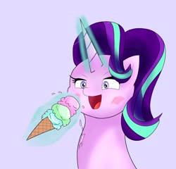 Size: 2048x1962 | Tagged: safe, artist:zeon_starlight, imported from derpibooru, starlight glimmer, pony, unicorn, bust, female, food, horn, ice cream, magic, magic aura, mare, open mouth, portrait, simple background, solo, starry eyes, telekinesis, wingding eyes