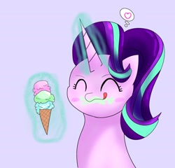 Size: 2048x1962 | Tagged: safe, artist:zeon_starlight, imported from derpibooru, starlight glimmer, pony, unicorn, bust, cute, eyes closed, female, food, glimmerbetes, heart, horn, ice cream, magic, magic aura, mare, portrait, simple background, solo, telekinesis, thought bubble, tongue out