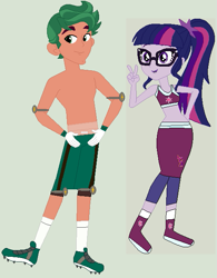 Size: 499x640 | Tagged: safe, artist:matthewjabeznazarioa, imported from derpibooru, sci-twi, timber spruce, twilight sparkle, equestria girls, crossover, exeron fighters, exeron outfit, martial arts kids, martial arts kids outfits