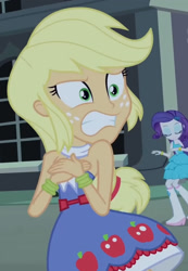 Size: 1250x1811 | Tagged: safe, imported from derpibooru, screencap, applejack, rarity, equestria girls, equestria girls (movie), bare shoulders, cropped, fall formal outfits, sleeveless, strapless