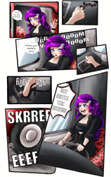 Size: 2400x3800 | Tagged: safe, artist:sjmarts, imported from derpibooru, rarity, human, equestria girls, boots, bus, clothes, comic, comic page, crossover, driving, gloves, high heels, humanized, motorcross, pedal, road rage, seat, shoes, solo, spice girls, spice world, steering wheel, stiletto heels