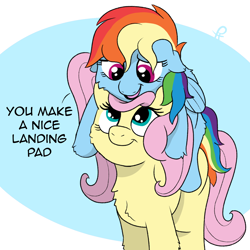 Size: 1360x1360 | Tagged: safe, artist:doodledonutart, imported from derpibooru, fluttershy, rainbow dash, pegasus, pony, cheek fluff, chest fluff, comic, dialogue, duo, female, floppy ears, fluffy, flutterdash, folded wings, lesbian, looking at each other, looking at someone, mare, open mouth, ponies riding ponies, pony hat, rainbow dash riding fluttershy, riding, shipping, smiling, smoldash, three quarter view, wings