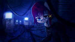 Size: 1920x1080 | Tagged: safe, artist:menalia, imported from derpibooru, pony, cable, cables, clothes, computer, dark room, female, glowing, hairclip, hoodie, lain iwakura, looking at you, ponified, serial experiments lain, solo, wallpaper, wires