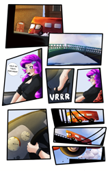 Size: 2400x3800 | Tagged: safe, artist:sjmarts, imported from derpibooru, rarity, human, equestria girls, boots, bridge, bus, clothes, comic, comic page, crossover, driving, gloves, high heels, humanized, jumping, motorcross, pedal, road rage, seat, shoes, solo, speedometer, spice girls, spice world, steering wheel, stiletto heels