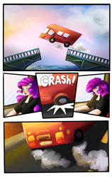Size: 2400x3800 | Tagged: safe, artist:sjmarts, imported from derpibooru, rarity, human, equestria girls, bridge, bus, clothes, comic, comic page, crossover, driving, humanized, jumping, road rage, seat, solo, spice girls, spice world, steering wheel