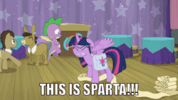 Size: 640x360 | Tagged: safe, edit, edited screencap, imported from derpibooru, screencap, doctor whooves, matilda, spike, time turner, twilight sparkle, alicorn, dragon, pony, a trivial pursuit, season 9, spoiler:s09, 300, animated, bag, caption, faic, female, floppy ears, image macro, insanity, mare, maximum overnerd, meme, ragelight sparkle, saddle bag, scroll, text, this is sparta, this is trivia trot, twilight snapple, twilight sparkle (alicorn), twilight sparkle is best facemaker, twilighting, twilynanas, winged spike, wings