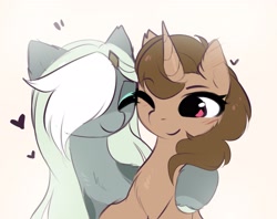 Size: 2745x2175 | Tagged: safe, artist:magnaluna, imported from derpibooru, oc, oc only, oc:buttercup shake, pegasus, pony, unicorn, duo, eyebrows, eyebrows visible through hair, female, heart, high res, horn, hug, mare, one eye closed, pegasus oc, smiling, unicorn oc