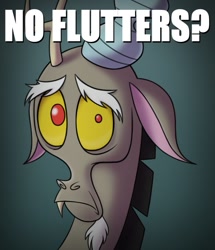 Size: 667x776 | Tagged: safe, artist:syscod, imported from derpibooru, discord, draconequus, bust, frown, implied fluttershy, male, meme, no bitches?, simple background, solo