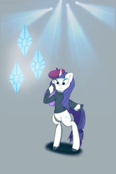 Size: 1357x2048 | Tagged: safe, artist:zeon_starlight, imported from derpibooru, rarity, pony, unicorn, beatnik rarity, beret, bipedal, clothes, female, gray background, hat, horn, mare, simple background, solo, standing on two hooves, sweater