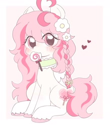 Size: 1669x1902 | Tagged: safe, artist:ginmaruxx, imported from derpibooru, oc, oc only, earth pony, pony, candy, commission, cute, earth pony oc, eye clipping through hair, female, flower, flower in hair, food, heart, lollipop, looking at you, mare, mouth hold, ocbetes, sitting, solo