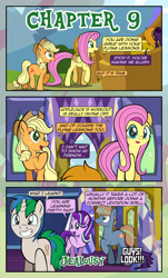 Size: 1920x3169 | Tagged: safe, artist:alexdti, imported from derpibooru, applejack, fluttershy, starlight glimmer, oc, oc:brainstorm (alexdti), oc:purple creativity, oc:star logic, earth pony, pegasus, pony, unicorn, comic:quest for friendship, :p, applejack's hat, comic, cowboy hat, dialogue, female, folded wings, freckles, glowing, glowing horn, grin, hat, high res, hooves, horn, indoors, looking at someone, male, mare, offscreen character, open mouth, open smile, outdoors, pegasus oc, raised hoof, raised leg, shadow, smiling, speech bubble, stallion, standing, tail, tongue out, twilight's castle, two toned mane, two toned tail, unicorn oc, walking, wall of tags, wings, yelling