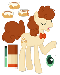 Size: 1000x1242 | Tagged: safe, artist:monochrome-sunsets, imported from derpibooru, oc, oc only, earth pony, pony, bowtie, brown mane, brown tail, earth pony oc, eyes closed, full body, hooves, male, offspring, open mouth, parent:cheese sandwich, parent:pinkie pie, parents:cheesepie, raised hoof, reference sheet, show accurate, simple background, solo, stallion, standing, tail, transparent background