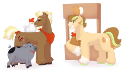 Size: 1280x732 | Tagged: safe, artist:itstechtock, imported from derpibooru, oc, oc only, oc:chicken coop, oc:stoutheart, bird, chicken, earth pony, pig, pony, male, offspring, parent:ms. peachbottom, simple background, stallion, transparent background