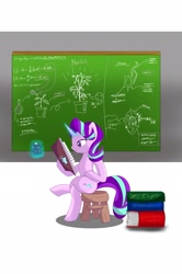 Size: 1357x2048 | Tagged: safe, artist:zeon_starlight, imported from derpibooru, phyllis, starlight glimmer, pony, unicorn, book, chalkboard, coffee, crossed hooves, crossed legs, female, hoof hold, horn, looking at something, magic, magic aura, mare, mug, philodendron, plant, potted plant, reading, sitting, solo, stool, telekinesis