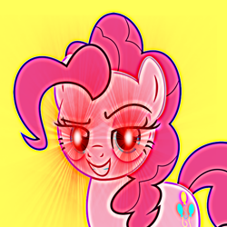 Size: 2048x2048 | Tagged: artist needed, safe, imported from derpibooru, pinkie pie, earth pony, pony, eye beams, female, grin, high res, lidded eyes, mare, meme, mr. incredible becoming canny, pinkie pie becoming canny, ponified meme, raised eyebrow, simple background, smiling, solo, yellow background