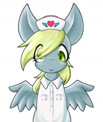 Size: 1600x1900 | Tagged: safe, artist:zemlya, imported from derpibooru, derpy hooves, pegasus, pony, cute, derp, derpabetes, eye clipping through hair, female, hat, heart, looking at you, mare, nurse hat, nurse outfit, simple background, solo, spread wings, white background, wings