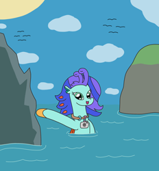 Size: 2400x2588 | Tagged: safe, artist:supahdonarudo, imported from derpibooru, oc, oc only, oc:sea lilly, bird, seapony (g4), camera, cloud, cute, jewelry, necklace, ocbetes, ocean, raised hoof, rock, sun, water, waving