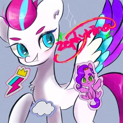 Size: 2048x2048 | Tagged: safe, artist:h2o_omz, imported from derpibooru, pipp petals, zipp storm, pegasus, pony, aside glance, chest fluff, cloud, colored wings, cutie mark, duo, duo female, female, g5, grin, high res, looking at you, mare, multicolored wings, name, raised hoof, slim, smiling, spread wings, wings