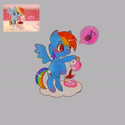 Size: 2048x2048 | Tagged: safe, artist:h2o_omz, imported from derpibooru, rainbow dash, pegasus, pony, cloud, cup, female, gray background, hoof hold, mare, music notes, scene interpretation, simple background, solo, speech bubble, standing on two hooves, teacup, teapot