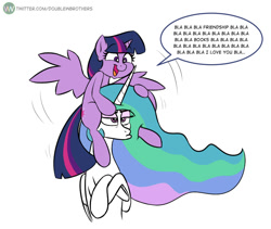 Size: 884x746 | Tagged: safe, artist:doublewbrothers, imported from derpibooru, princess celestia, twilight sparkle, alicorn, pony, annoyed, blah blah blah, celestia is not amused, crossed arms, cute, duo, ethereal mane, female, happy, horse riding a horse, mare, missing accessory, on head, ponies riding ponies, riding, simple background, speech bubble, spread wings, teacher and student, twiabetes, twilight riding celestia, twilight sparkle (alicorn), unamused, white background, wiggling, wings