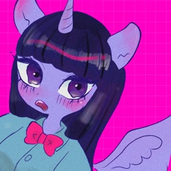 Size: 2048x2048 | Tagged: safe, artist:h2o_omz, imported from derpibooru, twilight sparkle, alicorn, anthro, bowtie, bust, clothes, female, looking at you, mare, open mouth, pink background, simple background, solo, twilight sparkle (alicorn)