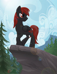 Size: 2153x2786 | Tagged: safe, artist:firestormdangerdash, imported from derpibooru, oc, oc only, oc:firestorm, pegasus, pony, day, folded wings, forest, high res, hooves, looking back, male, pegasus oc, pine tree, red and black oc, solo, stallion, standing, tail, tree, wings