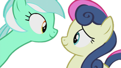 Size: 1280x720 | Tagged: safe, edit, edited screencap, imported from derpibooru, screencap, bon bon, lyra heartstrings, sweetie drops, earth pony, pony, unicorn, season 5, slice of life (episode), background removed, duo, duo female, eye contact, female, looking at each other, looking at someone, mare, not a vector, simple background, smiling, transparent background, two toned mane