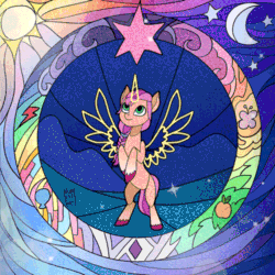 Size: 500x500 | Tagged: safe, artist:rumista, imported from derpibooru, sunny starscout, alicorn, earth pony, pony, animated, artificial alicorn, artificial wings, augmented, element of generosity, element of honesty, element of kindness, element of laughter, element of loyalty, element of magic, elements of harmony, female, g5, looking up, loop, magic, magic wings, mare, my little pony: a new generation, perfect loop, race swap, solo, stained glass, sunnycorn, wings