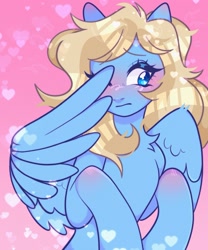 Size: 1619x1943 | Tagged: safe, artist:honeycrows, imported from derpibooru, oc, oc:lusty symphony, pegasus, pony, blushing, chest fluff, cute, female, heart, mare, ocbetes, one eye closed, pegasus oc, simple background, solo, wing hands, wings