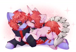 Size: 2000x1386 | Tagged: safe, artist:snow angel, imported from derpibooru, oc, oc only, pony, unicorn, akatsuki, clothes, cuddling, cute, duo, eyes closed, fluffy, horn, lying down, lying on top of someone, naruto, ocbetes, one eye closed, ponified, sasori