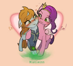 Size: 1485x1341 | Tagged: safe, artist:mistleinn, imported from derpibooru, pipp petals, oc, oc:littlepip, pegasus, pony, unicorn, fallout equestria, blushing, canon x oc, circlet, clothes, crossover, female, floppy ears, folded wings, g5, heart, hoof around neck, hug, jumpsuit, lesbian, looking at each other, looking at someone, mare, name, namesake, pipbuck, pipp pip, pun, shipping, smiling, squishy cheeks, standing, vault suit, visual pun, wings