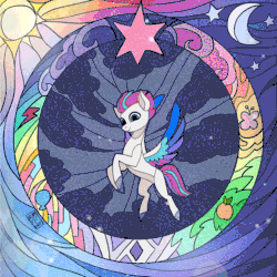 Size: 630x630 | Tagged: safe, artist:rumista, imported from derpibooru, zipp storm, pegasus, pony, animated, colored wings, concave belly, cutie mark, element of generosity, element of honesty, element of kindness, element of laughter, element of loyalty, element of magic, elements of harmony, flying, g5, lightning, loop, moon, multicolored wings, my little pony: a new generation, perfect loop, slim, smiling, solo, sparkles, stained glass, storm, stormcloud, sun, thin, wings