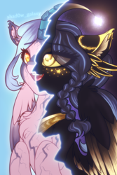 Size: 2000x3000 | Tagged: safe, artist:shad0w-galaxy, imported from derpibooru, oc, oc only, oc:cosmic star, alicorn, pony, chest fluff, commission, curved horn, cute, diabetes, ear fluff, folded wings, glowing, glowing eyes, glowing horn, high res, horn, jewelry, makeup, necklace, open mouth, regalia, simple background, solo, split screen, wings