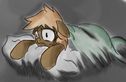 Size: 900x588 | Tagged: safe, artist:muggyheatwave, imported from derpibooru, oc, oc:forty winks, 2012, bed, blanket, frown, insomnia, lying down, lying on bed, on bed, pillow, prone