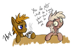 Size: 900x591 | Tagged: safe, artist:muggyheatwave, imported from derpibooru, oc, oc:forty winks, oc:frumplebean, 2013, coffee, coffee mug, drinking, insomnia, looking at each other, looking at someone, mug, sleepy, table, tired