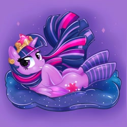 Size: 2000x2000 | Tagged: safe, artist:mediocremare, imported from derpibooru, twilight sparkle, alicorn, pony, clothes, crown, female, jewelry, lidded eyes, looking at you, lying down, mare, on back, purple background, regalia, shiny, simple background, socks, solo, striped socks, twilight sparkle (alicorn)