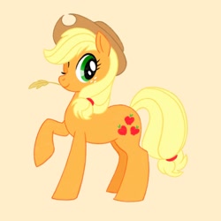 Size: 2000x2000 | Tagged: safe, artist:mediocremare, imported from derpibooru, applejack, earth pony, pony, applejack's hat, cowboy hat, cute, female, freckles, full body, hat, high res, hooves, jackabetes, looking at you, mare, one eye closed, raised hoof, simple background, smiling, solo, standing, straw in mouth, tail, tan background