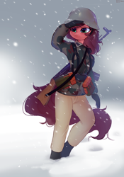 Size: 1500x2141 | Tagged: safe, artist:enderselyatdark, imported from derpibooru, oc, oc:mango dream, anthro, anthro oc, assault rifle, blizzard, camouflage, clothes, female, freckles, gun, mare, military, military uniform, rifle, snow, snowfall, stg 44, storm, uniform, weapon, wehrmacht, world war ii