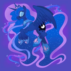 Size: 2000x2000 | Tagged: safe, artist:mediocremare, imported from derpibooru, princess luna, alicorn, pony, ethereal mane, ethereal tail, eyes closed, female, jewelry, mare, purple background, regalia, sad, simple background, solo, spread wings, starry mane, starry tail, tail, wings