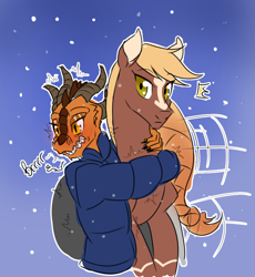 Size: 1102x1200 | Tagged: safe, artist:redahfuhrerking, imported from derpibooru, oc, oc only, oc:sila, dragon, horse, clothes, hug, jacket, tfh oc