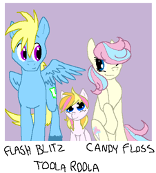 Size: 481x531 | Tagged: safe, artist:ive-moved-bitches, imported from derpibooru, toola roola, oc, oc:candy floss, oc:flash blitz, earth pony, pegasus, earth pony oc, family photo, female, filly, foal, g1, g1 to g4, g4, generation leap, hair over one eye, looking at each other, looking at someone, male, mare