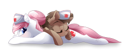 Size: 1023x431 | Tagged: safe, artist:lolepopenon, imported from derpibooru, nurse redheart, oc, earth pony, pony, duo, hat, lying down, lying on top of someone, nurse hat, prone, simple background, transparent background